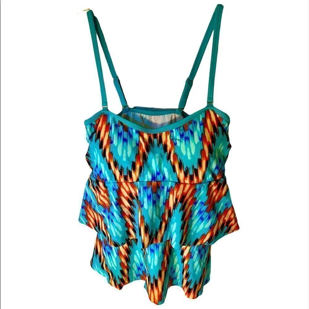 Venus Tankini Swim Top Stretch Ruffle Tiered Aztec Orange Teal Green Women Sz 6.